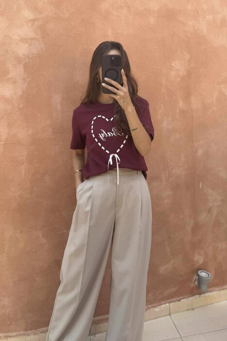 ROUND NECK FRONT WRITTING WOMEN T-SHIRT BURGUNDY/VISHNJE - 1