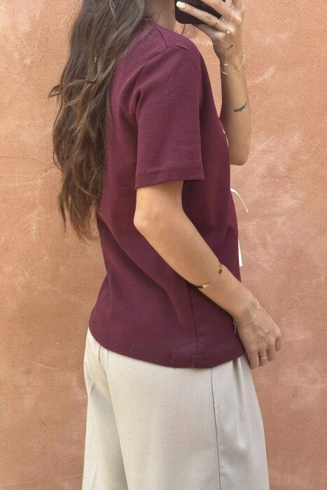 ROUND NECK FRONT WRITTING WOMEN T-SHIRT BURGUNDY/VISHNJE - 2