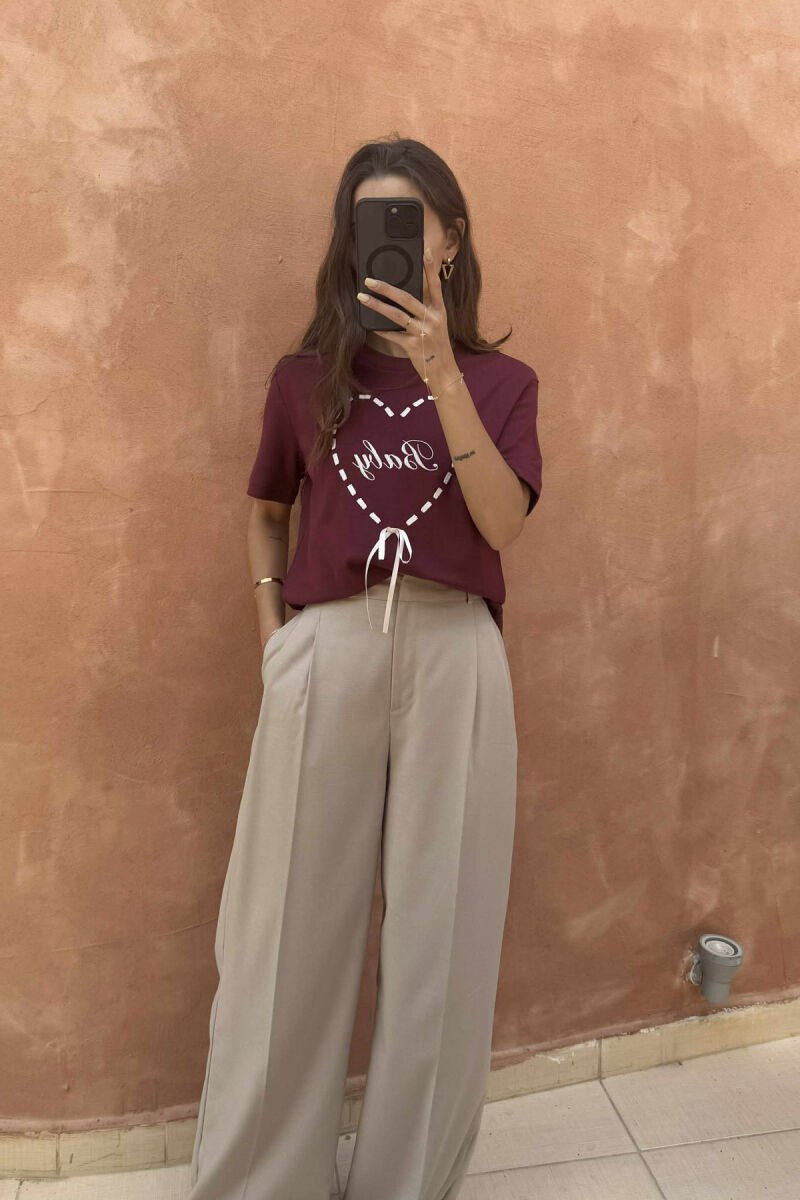 ROUND NECK FRONT WRITTING WOMEN T-SHIRT BURGUNDY/VISHNJE - 5
