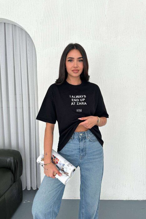 ROUND NECK FRONT WRITTINGS WOMEN T-SHIRT BLACK/ E ZEZE - 1