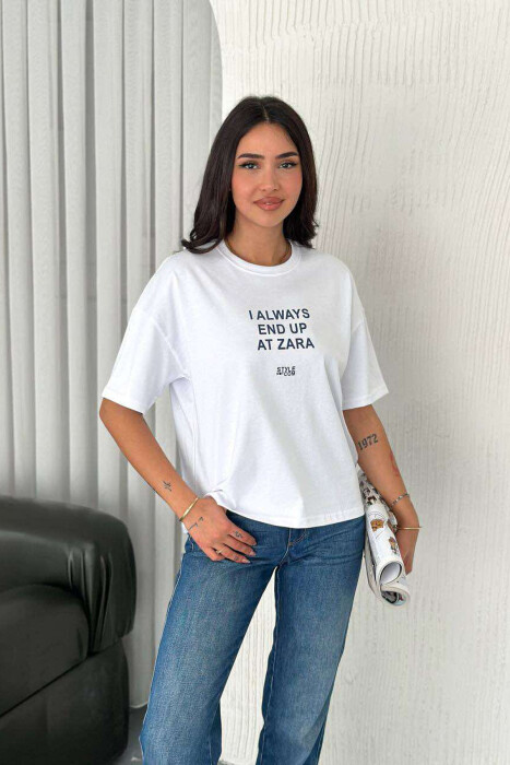 ROUND NECK FRONT WRITTINGS WOMEN T-SHIRT WHITE-E BARDHE - 2