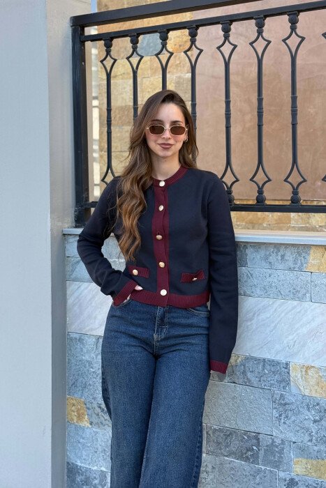 ROUND NECK GOLD BUTTONS WOMAN CARDIGAN BURGUNDY-BLUE/VISHNJE-BLU - KLAUDIO FASHION