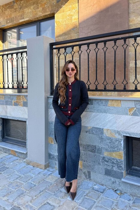 ROUND NECK GOLD BUTTONS WOMAN CARDIGAN BURGUNDY-BLUE/VISHNJE-BLU - 3