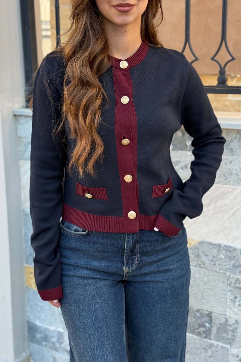ROUND NECK GOLD BUTTONS WOMAN CARDIGAN BURGUNDY-BLUE/VISHNJE-BLU - 5