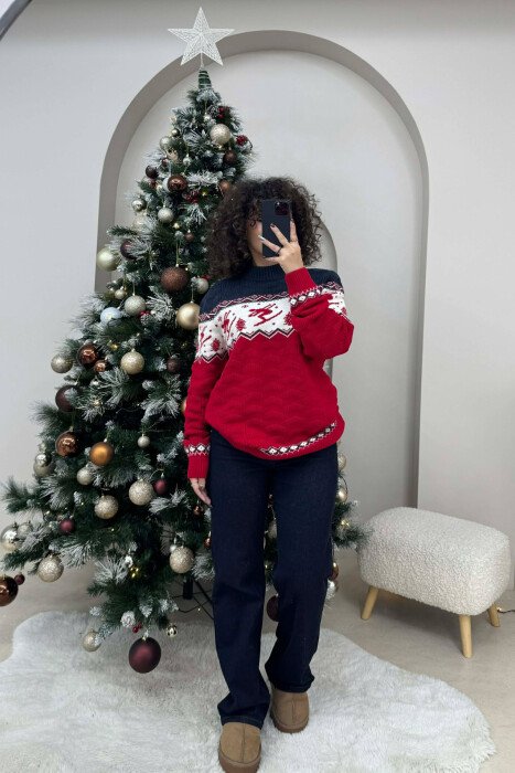 ROUND NECK KNITTED WOMEN SWEATER RED/E KUQE - 1
