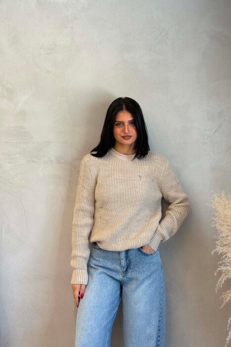 ROUND NECK KNITTED ONE COLOR WOMEN SWEATER BEIGE/BEZHE 