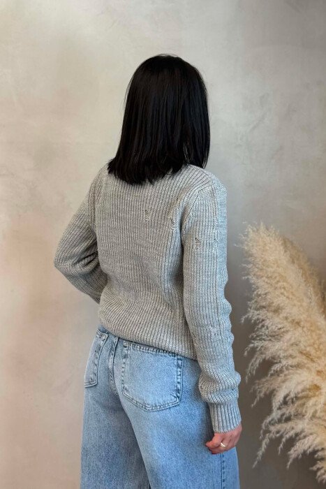 ROUND NECK KNITTED ONE COLOR WOMEN SWEATER GREY/GRI - 3