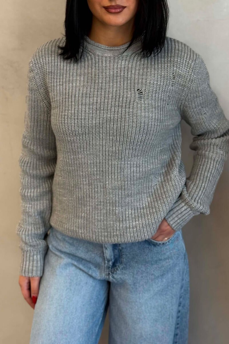 ROUND NECK KNITTED ONE COLOR WOMEN SWEATER GREY/GRI - 4