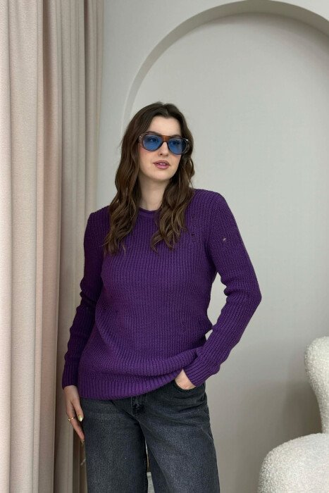 ROUND NECK KNITTED ONE COLOR WOMEN SWEATER PURPLE/LEJLA - 1