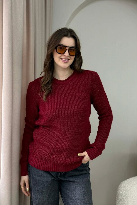 ROUND NECK KNITTED ONE COLOR WOMEN SWEATER RED/E KUQE - 1