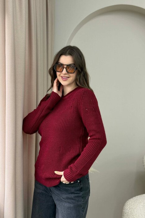 ROUND NECK KNITTED ONE COLOR WOMEN SWEATER RED/E KUQE - 2