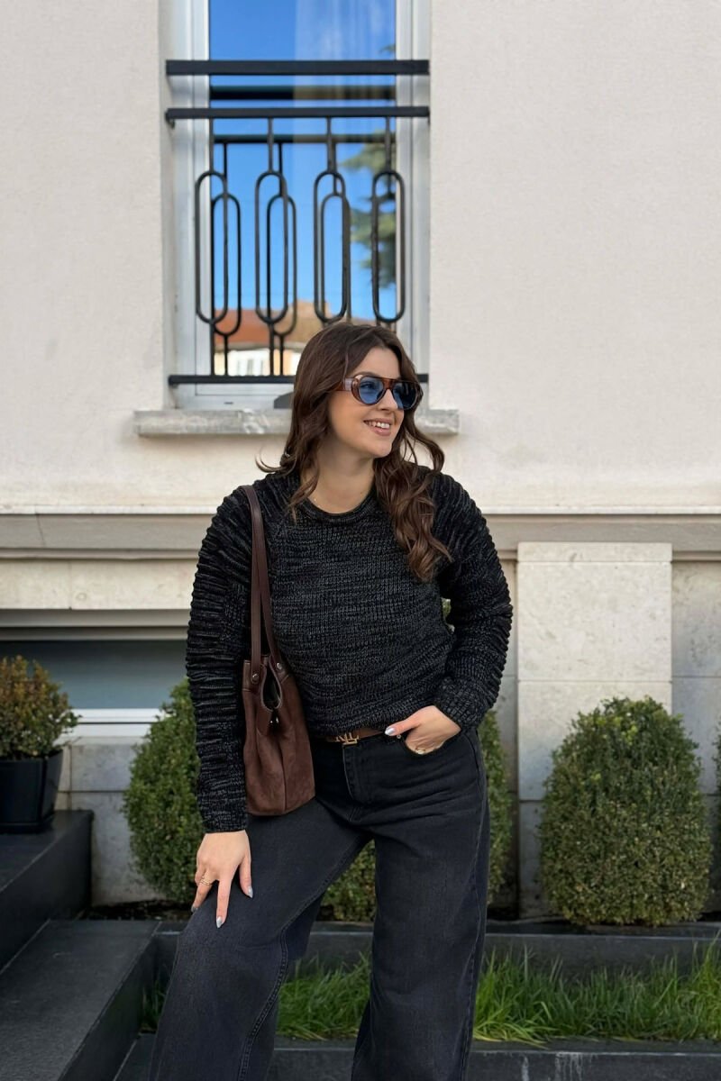ROUND NECK KNITTED WOMEN SWEATER BLACK-GREY/ZEGR - 2