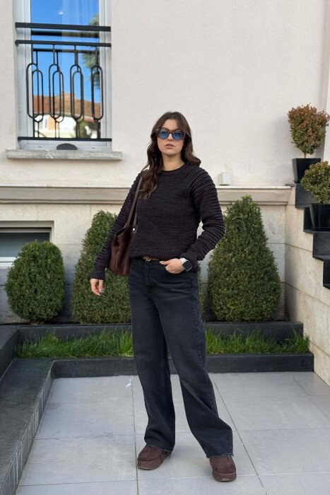 ROUND NECK KNITTED WOMEN SWEATER BLACK/ E ZEZE 