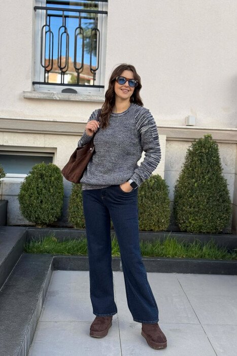 ROUND NECK KNITTED WOMEN SWEATER BLUE-BEIGE/BLBZH - 1