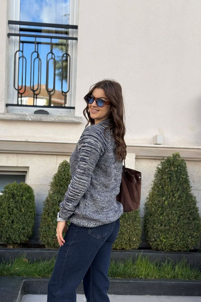 ROUND NECK KNITTED WOMEN SWEATER BLUE-BEIGE/BLBZH - 3