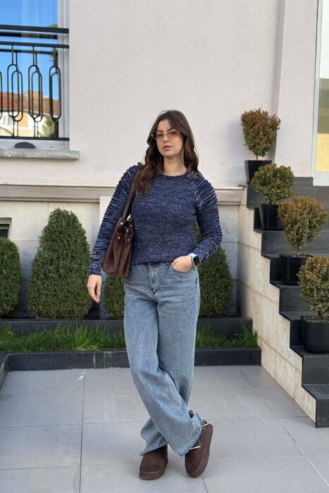 ROUND NECK KNITTED WOMEN SWEATER BLUE/BLU - 1