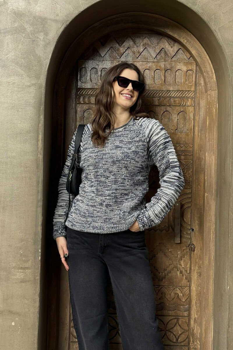 ROUND NECK KNITTED WOMEN SWEATER BLUE+GREY/ BLU+GRI - 2
