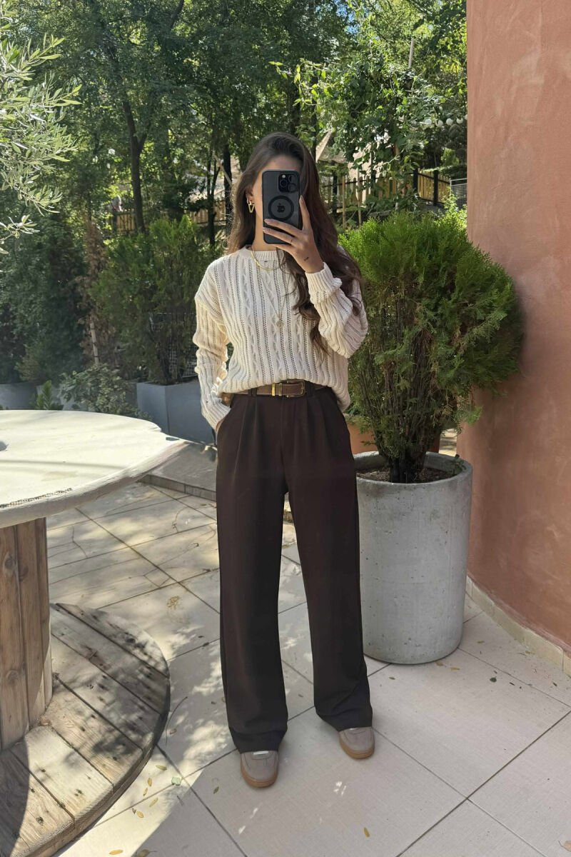 ROUND NECK KNITTED WOMEN SWEATER CREAM/KREM - 1