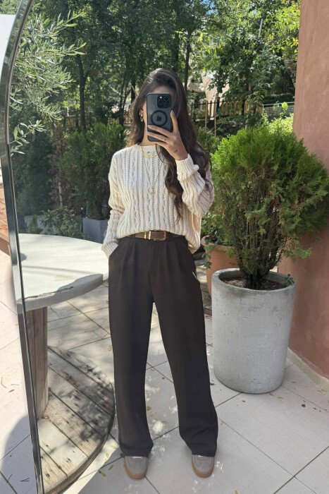 ROUND NECK KNITTED WOMEN SWEATER CREAM/KREM - 4