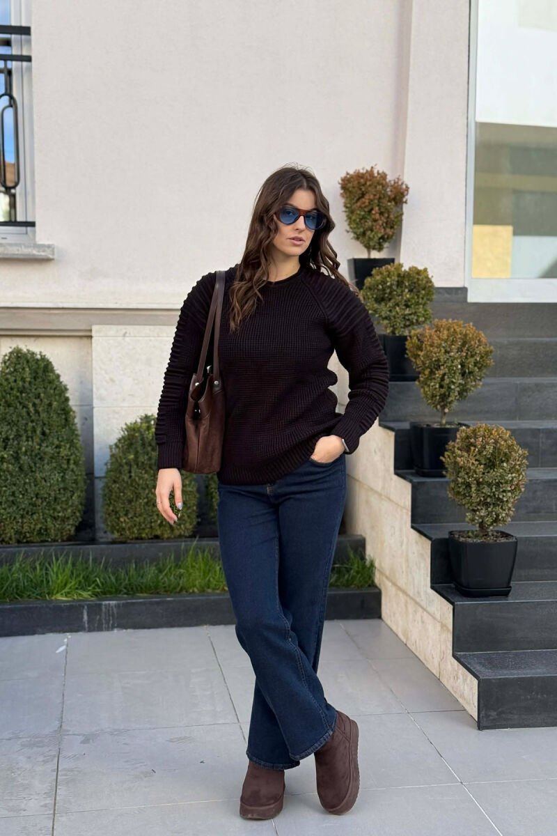 ROUND NECK KNITTED WOMEN SWEATER DARK BROWN/KAFE ERRET - 5