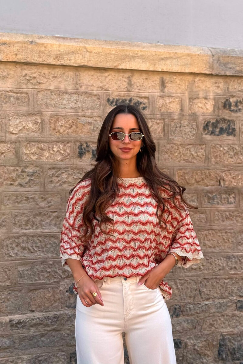 ROUND NECK KNITTED WOMEN T-SHIRT BEIGE/BEZHE - 1