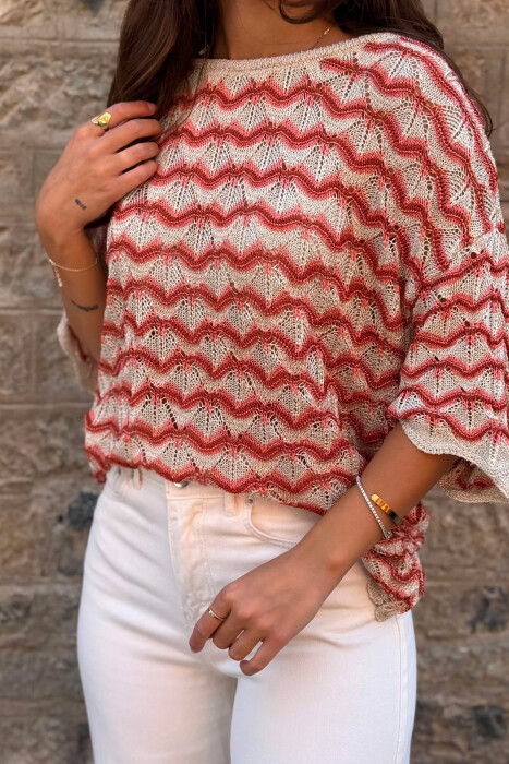 ROUND NECK KNITTED WOMEN T-SHIRT BEIGE/BEZHE - 2
