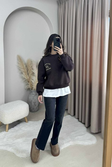 ROUND NECK LA FLUFFY WOMEN SWEATSHIRT DARK BROWN/KAE - 1