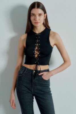 ROUND NECK LACY WOMAN TOP BLACK/ E ZEZE - KLAUDIO FASHION