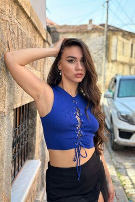 ROUND NECK LACY WOMAN TOP BLUE/BLU - KLAUDIO FASHION