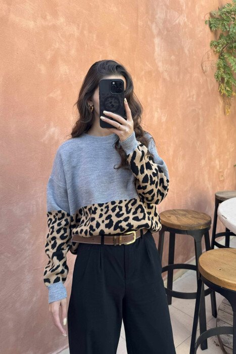 ROUND NECK LEO DESIGN WOMEN SWEATER GREY/GRI - 3