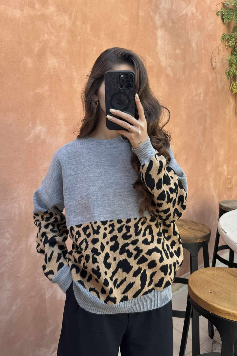ROUND NECK LEO DESIGN WOMEN SWEATER GREY/GRI - 5