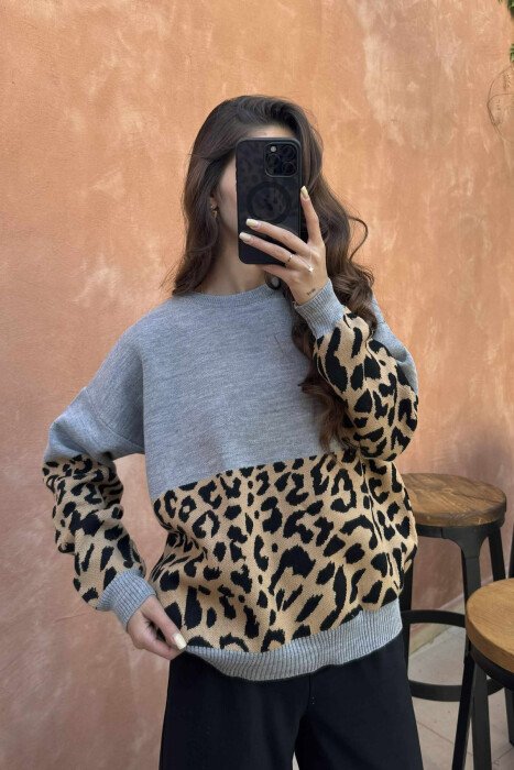 ROUND NECK LEO DESIGN WOMEN SWEATER GREY/GRI - 6