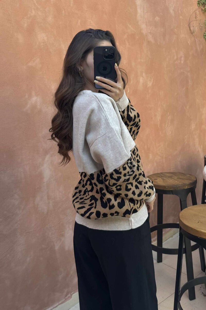 ROUND NECK LEO DESIGN WOMEN SWEATER LIGHT BEIGE/BZHZB - 3