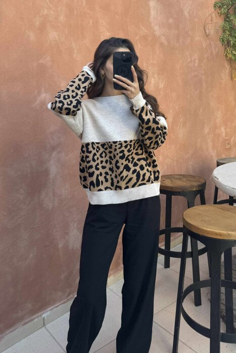 ROUND NECK LEO DESIGN WOMEN SWEATER LIGHT BEIGE/BZHZB - 4