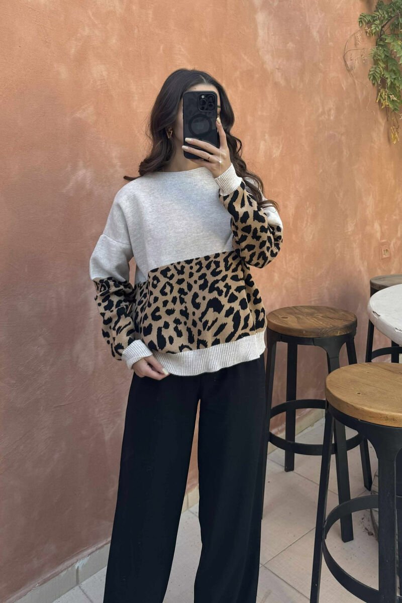 ROUND NECK LEO DESIGN WOMEN SWEATER LIGHT BEIGE/BZHZB - 5