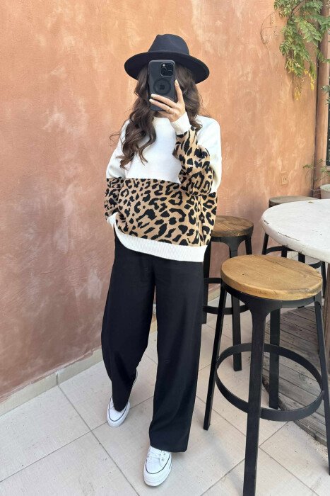 ROUND NECK LEO DESIGN WOMEN SWEATER WHITE-E BARDHE - 2