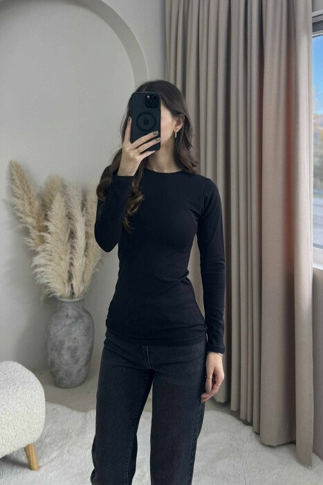 ROUND NECK LONG SLEEVE BLOUSE WOMAN BLACK/ E ZEZE - KLAUDIO FASHION