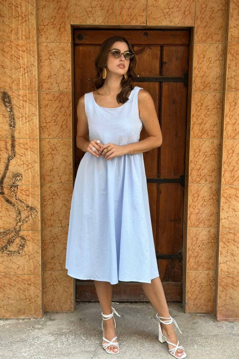 ROUND NECK MIDI WOMEN DRESS LIGHTBLUE/BZ - KLAUDIO FASHION