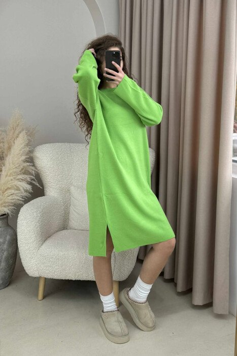 ROUND NECK ONE COLOR KNIT WOMEN DRESS LIGHT GREEN/JEZB - 