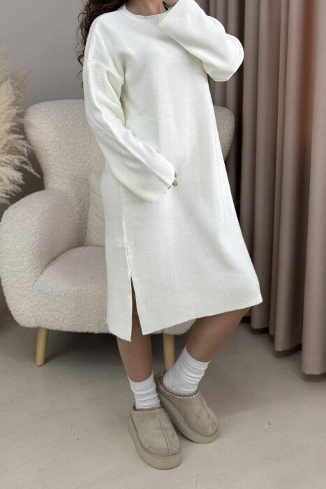 ROUND NECK ONE COLOR KNIT WOMEN DRESS WHITE-E BARDHE - 4