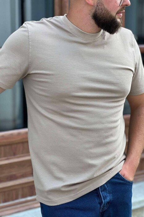 ROUND NECK ONE COLOR MEN T-SHIRT BEIGE/BEZHE - KLAUDIO FASHION