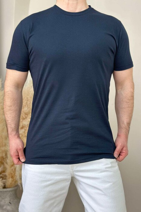 ROUND NECK ONE COLOR MEN T-SHIRT DARK BLUE/BEE - 3