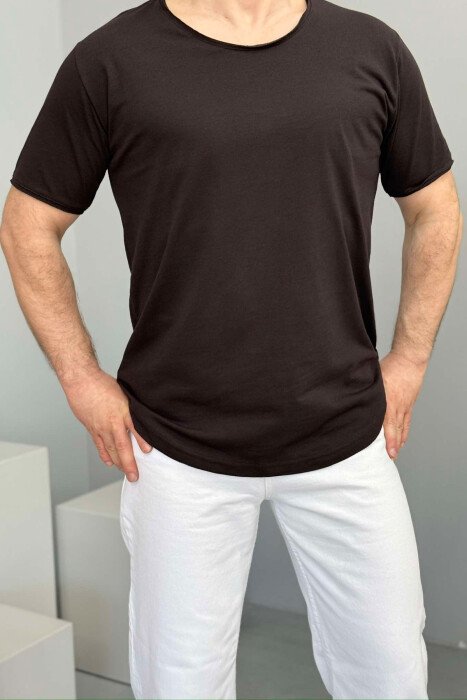 ROUND NECK ONE COLOR MEN T-SHIRT DARK BROWN/KAE - 1