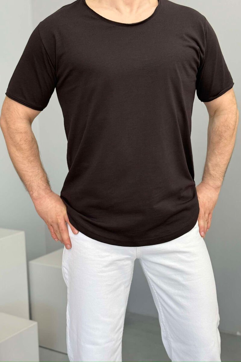 ROUND NECK ONE COLOR MEN T-SHIRT DARK BROWN/KAE - 1