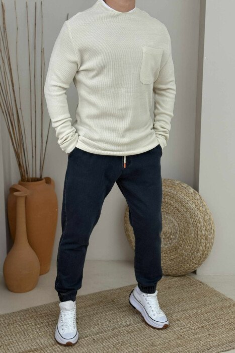 ROUND NECK ONE COLOR POCKET DETAIL MEN SWEATER CREAM/KREM 