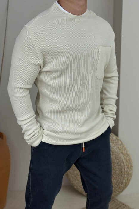 ROUND NECK ONE COLOR POCKET DETAIL MEN SWEATER CREAM/KREM - 4