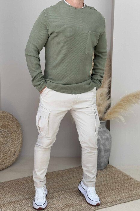ROUND NECK ONE COLOR POCKET DETAIL MEN SWEATER GREEN/JESHILE 