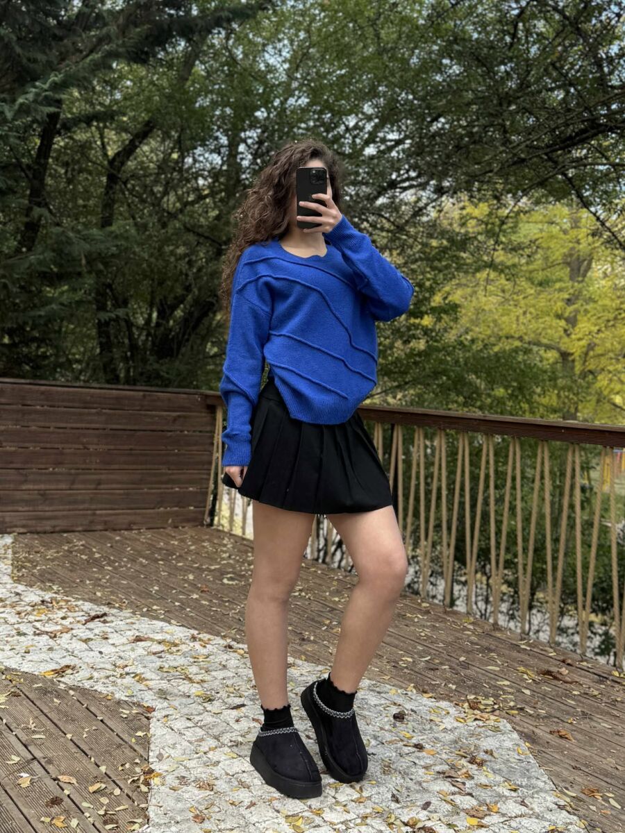 ROUND NECK ONE COLOR SIMPLE WOMEN SWEATER BLUE/BLU - 2