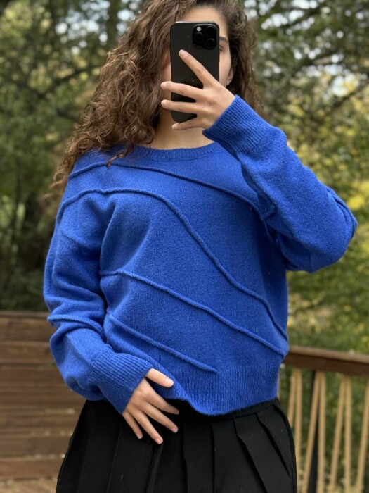 ROUND NECK ONE COLOR SIMPLE WOMEN SWEATER BLUE/BLU - 3