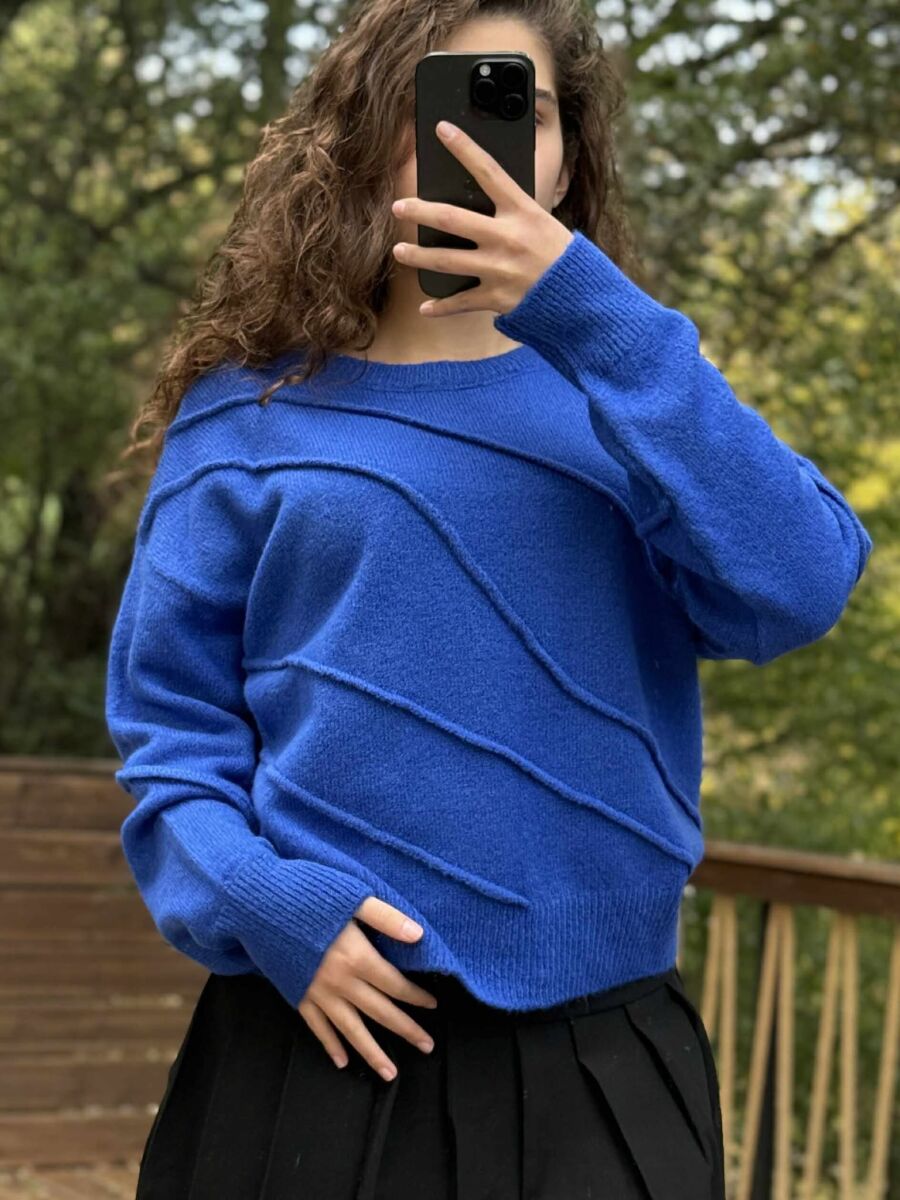 ROUND NECK ONE COLOR SIMPLE WOMEN SWEATER BLUE/BLU - 3
